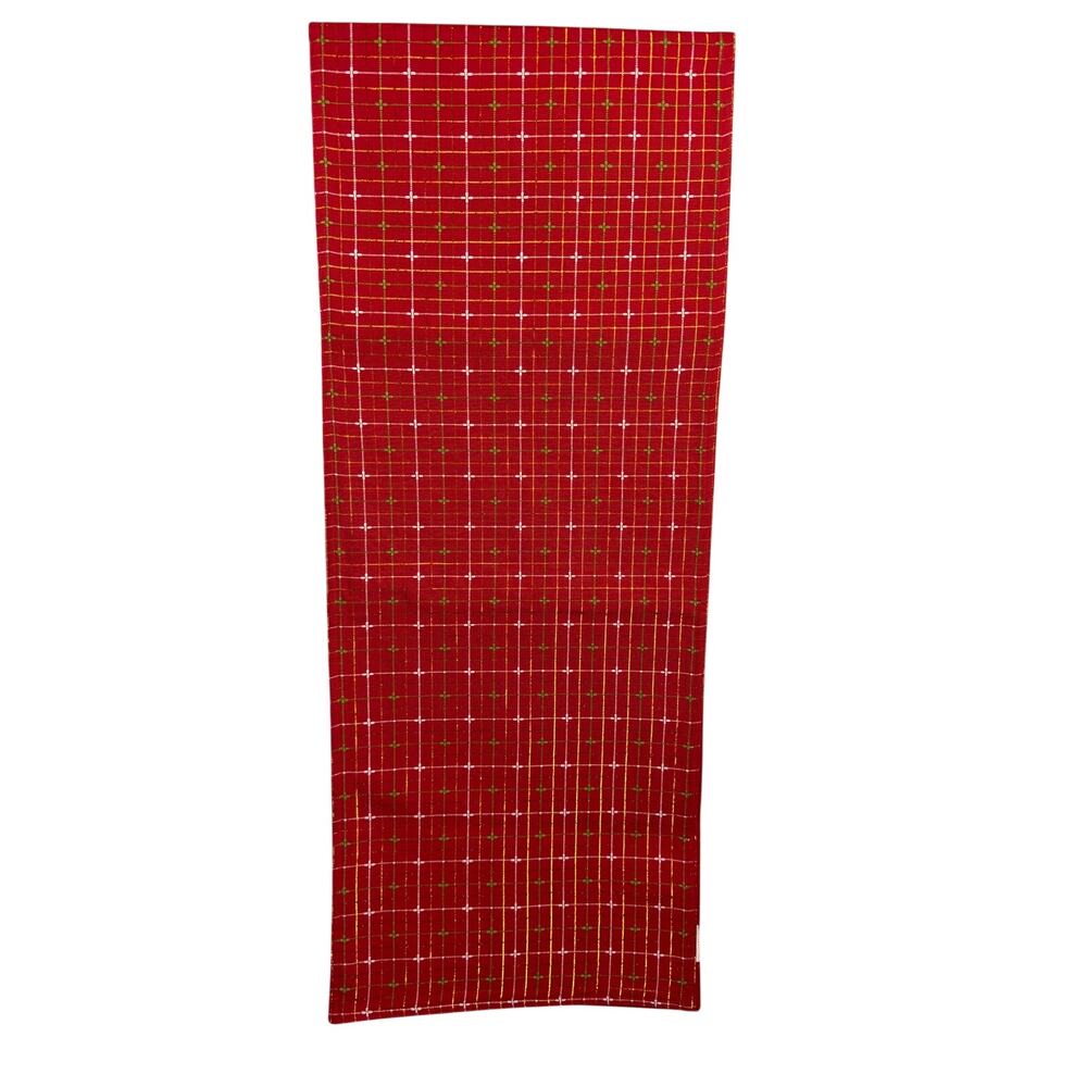 Pier 1 Imports Dobby Red Table Runner Gold Metallic Plaid Christmas 14x72"